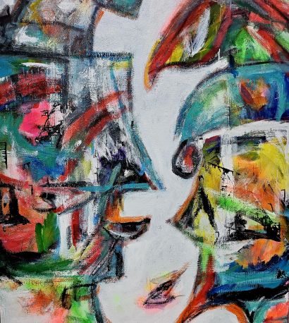 Deux grosses têtes et un être blanc ( Two Big Heads and a White Being ) - a Paintings Artwork by Sof